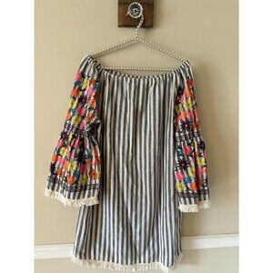 Philosophy Womens Size MediumShift Dress Floral Embroidered Sleeves Gray Striped